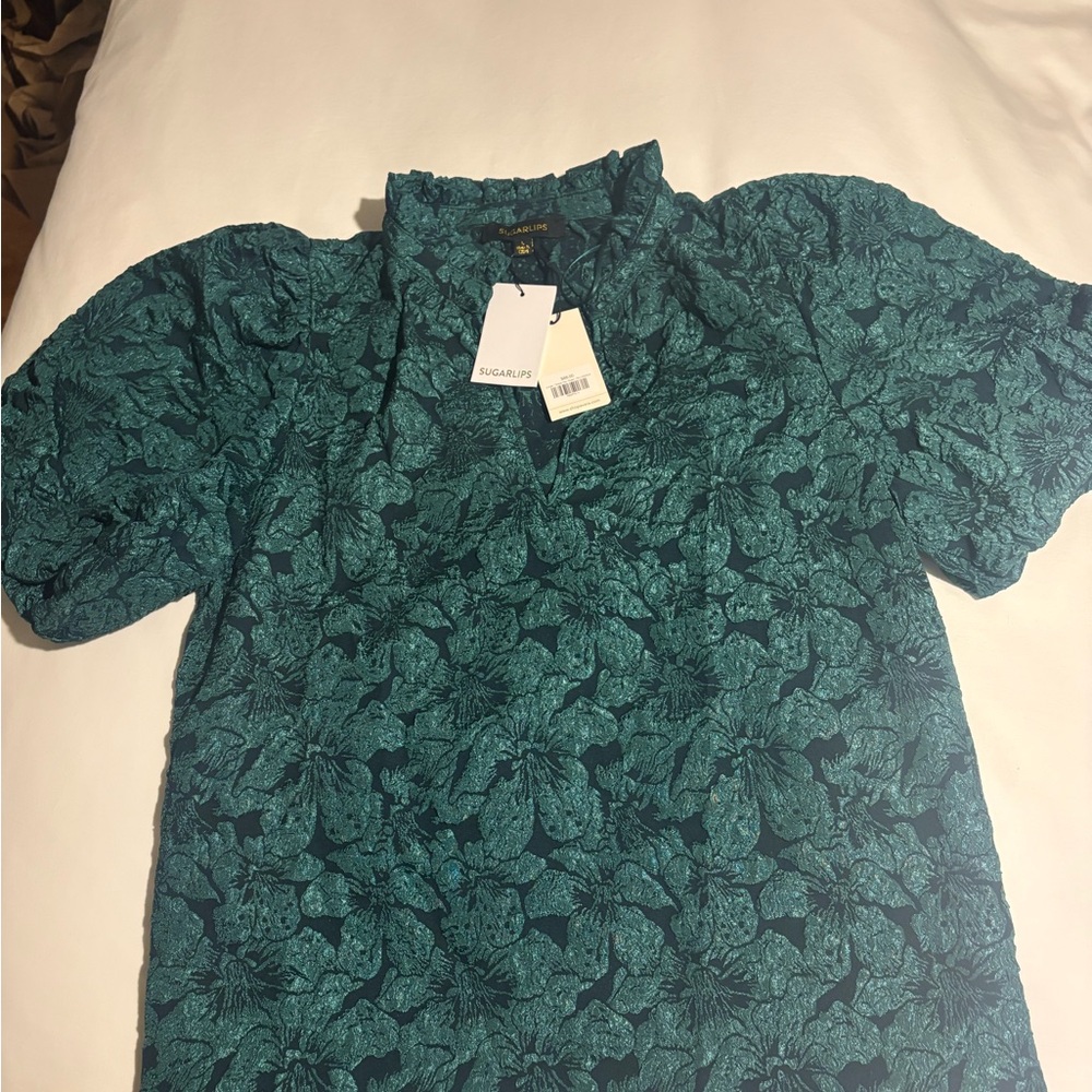 Sugarlips Teal Botanical Puff Sleeve Blouse